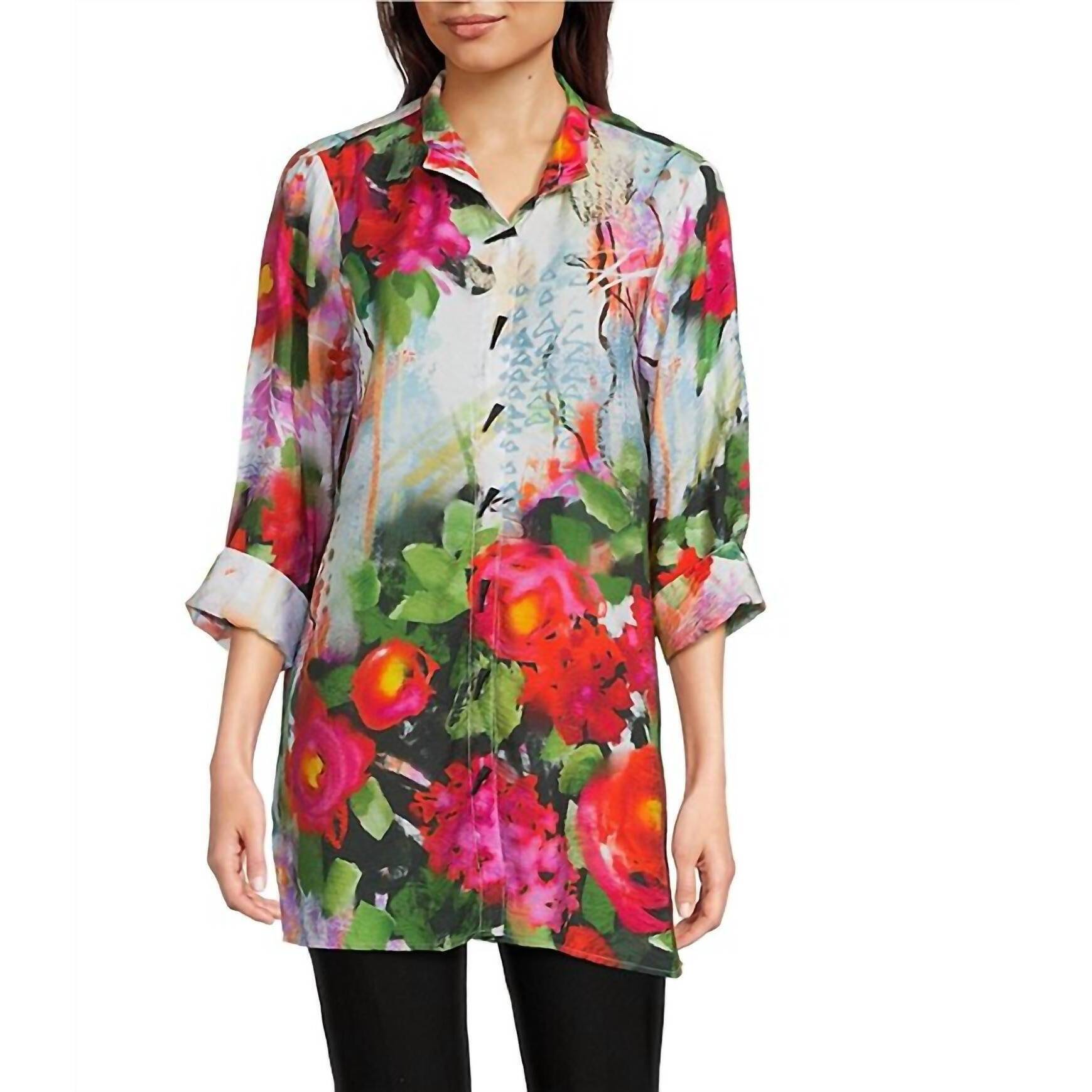 New Ali Miles Woven Floral Wire Neck Button-Front Tunic In Multi Floral